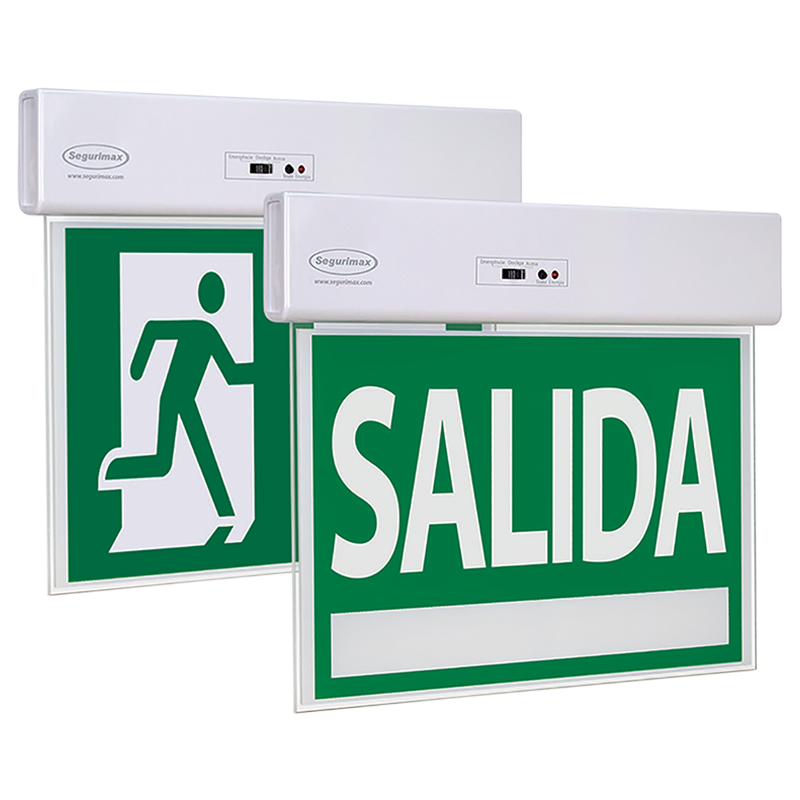 LETRERO DE EMERGENCIA LUMINOSO 2 VISTAS SALIDA VERDE SLIM SF MEDIDAS 24X18CM INCLUYE ADHESIVOS  
CODIGO 31197
